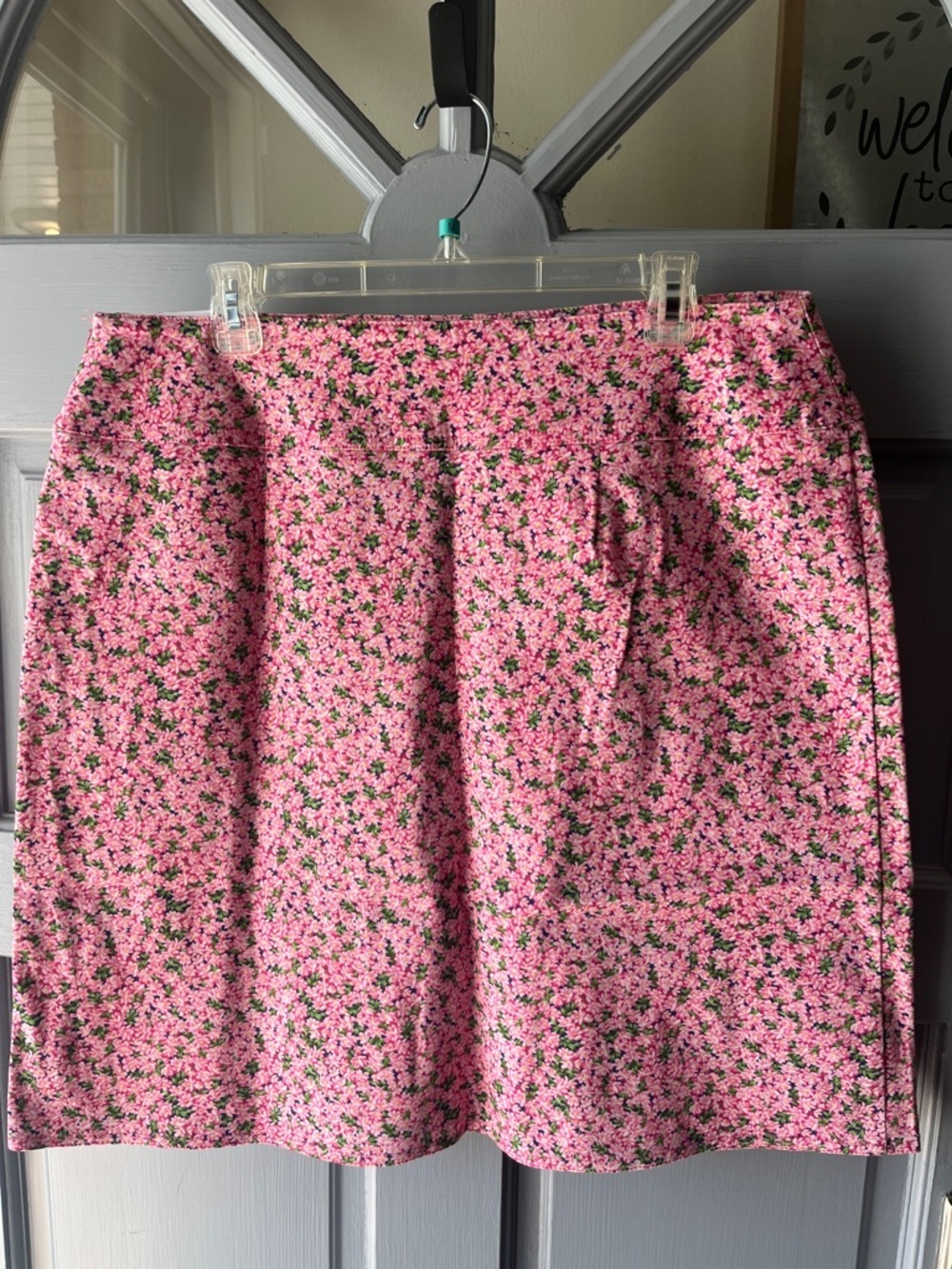 CHAUS Nordstrom NWT Pink Denim Floral A-Line Skirt Green Details, Women’s Sz 14
